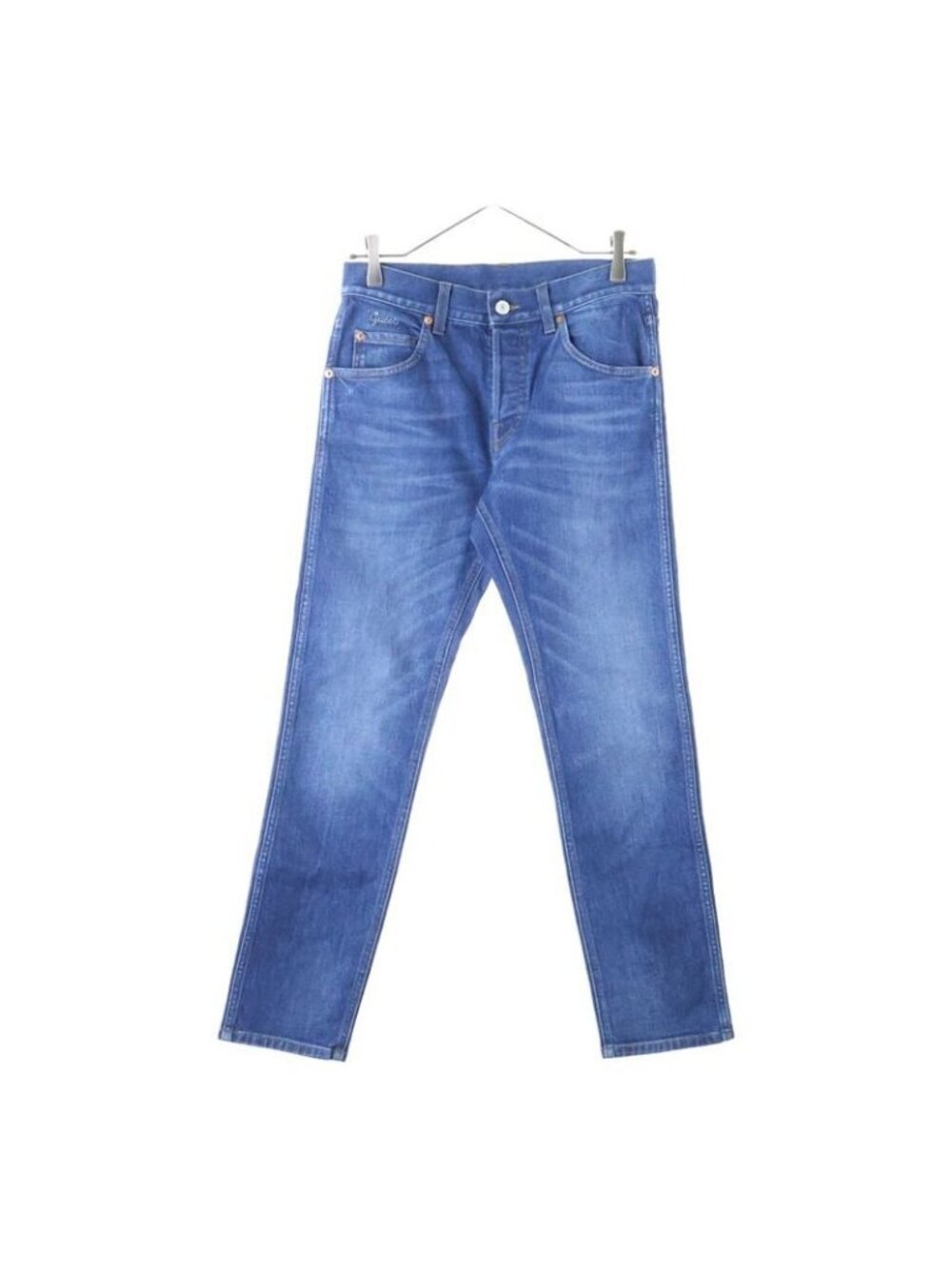 Gucci Vintage Logo Leather Patch Button Fly Washed Tapered Denim Pants Jeans